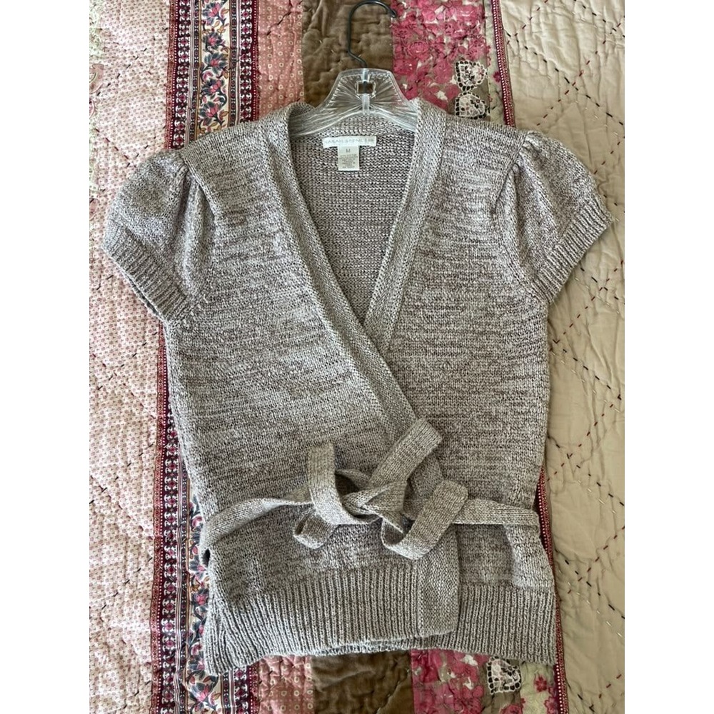 Sarah Spencer Womens Medium Beige Marl Short Sleeve Tie Front Wrap Cardigan Knit